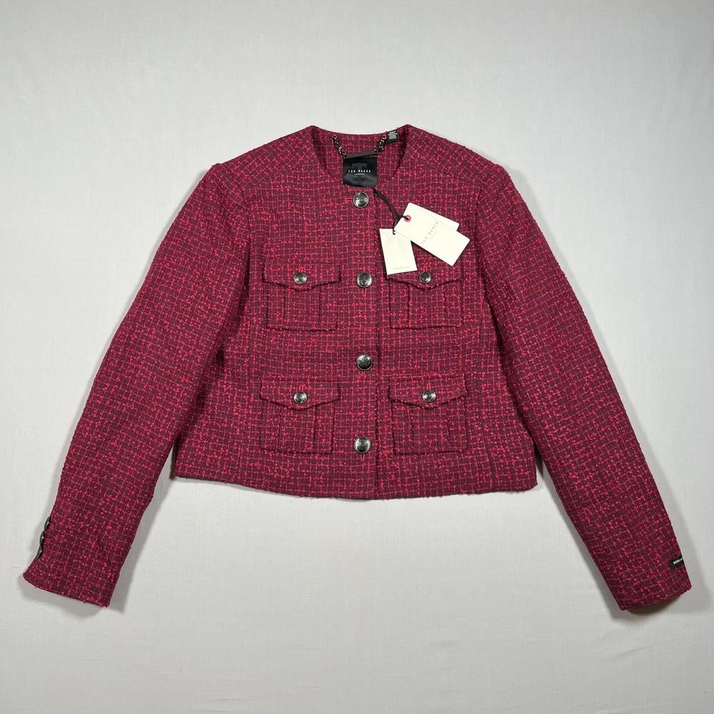 Ted Baker Pennio Cropped Boucle Jacket Red Burgundy Tweed Crest Button Size 1
